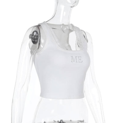 U neck "ME" beaded lace hem tank top