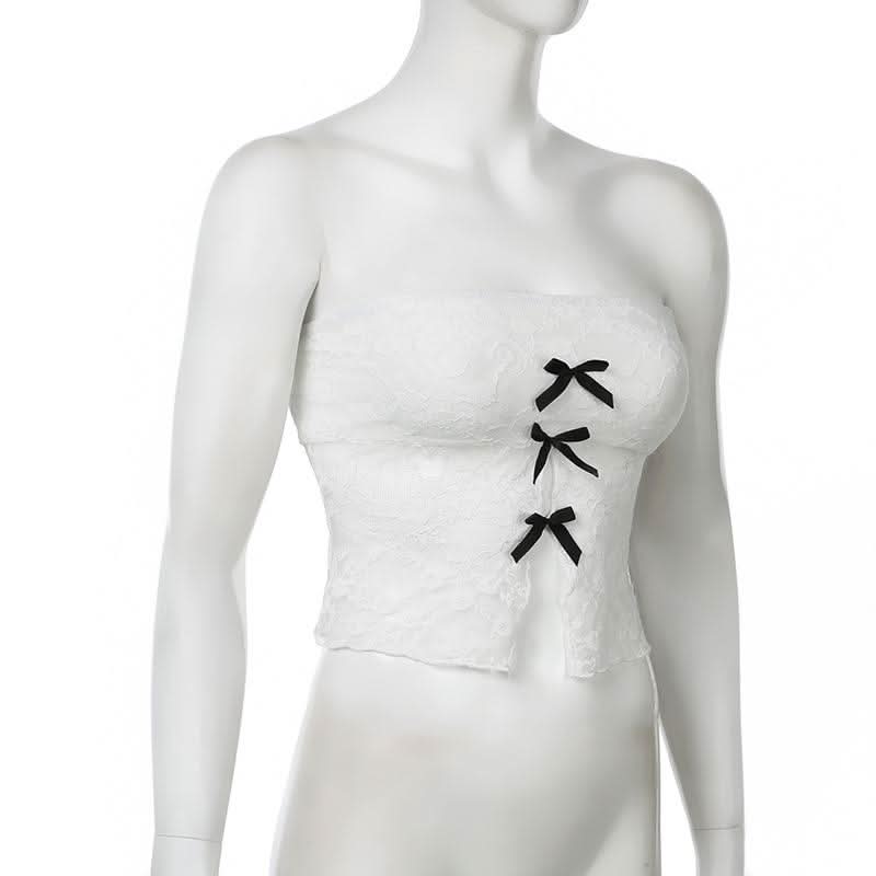 Bowknot lace slit tube top