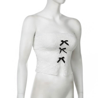 Bowknot lace slit tube top