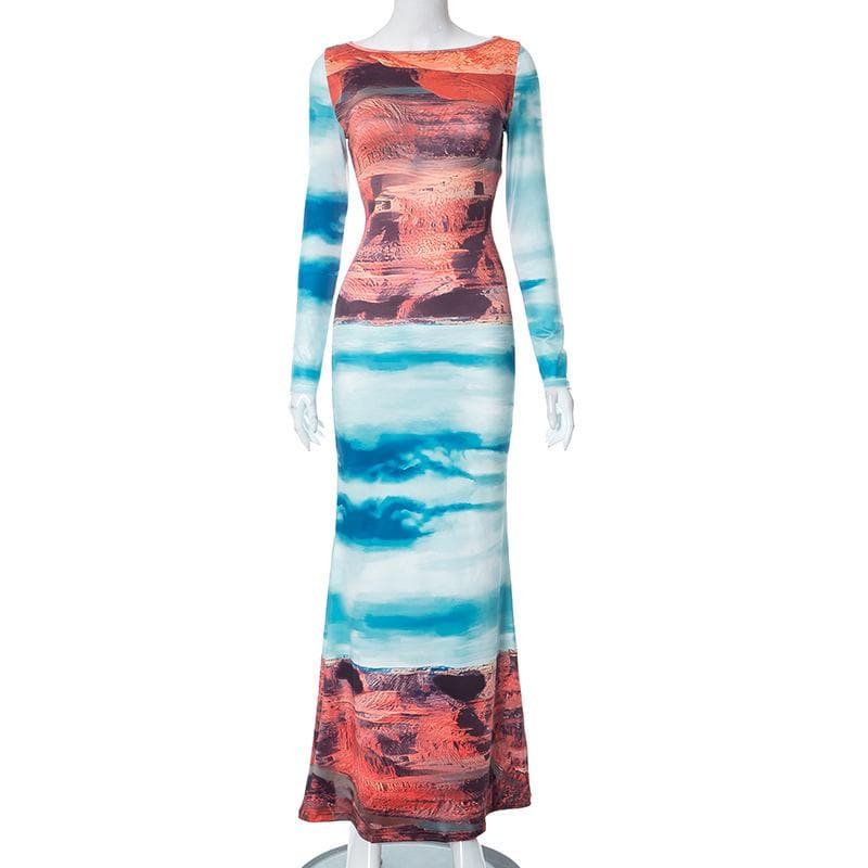 Long sleeve abstract crewneck contrast maxi dress