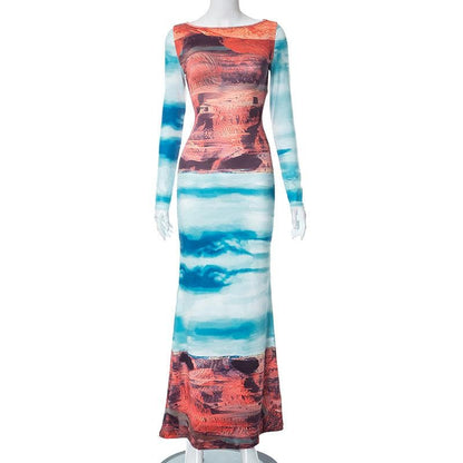 Long sleeve abstract crewneck contrast maxi dress