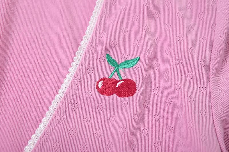 Long sleeve v neck cherry embroidery self tie pant set