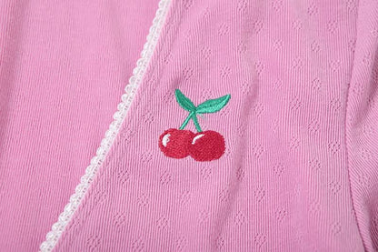 Long sleeve v neck cherry embroidery self tie pant set