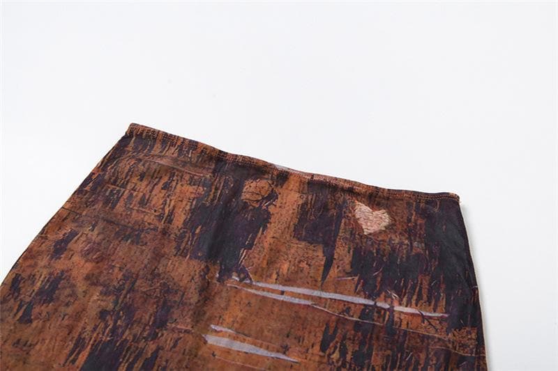 Long sleeve high neck print sheer mesh crop mini skirt set-final-sale