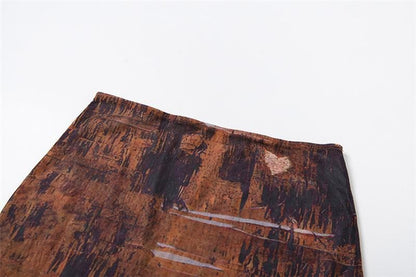 Long sleeve high neck print sheer mesh crop mini skirt set-final-sale