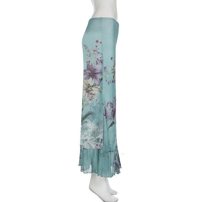 Ruched ruffle cowl neck  flower print mesh maxi skirt set