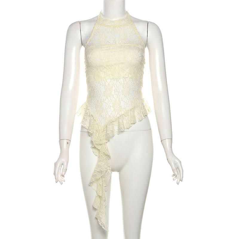 Halter mesh ruffle backless top