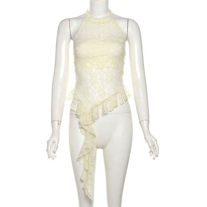 Halter mesh ruffle backless top