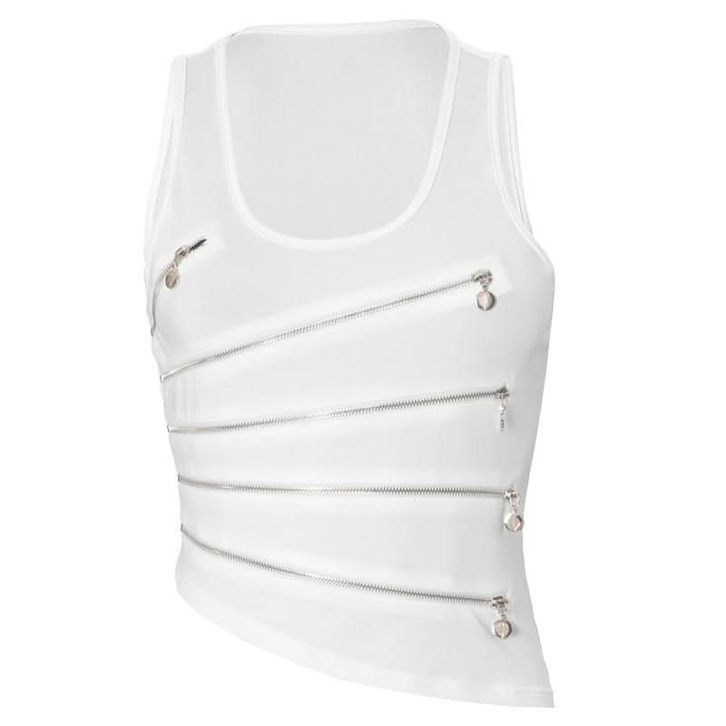 Zip-up hollow out u neck irregular solid cut out top