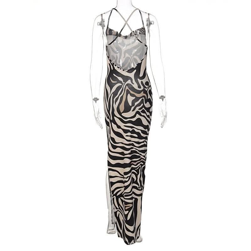 Zebra print hollow out contrast cross back slit backless cut out maxi dress-final-sale