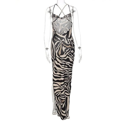Zebra print hollow out contrast cross back slit backless cut out maxi dress-final-sale
