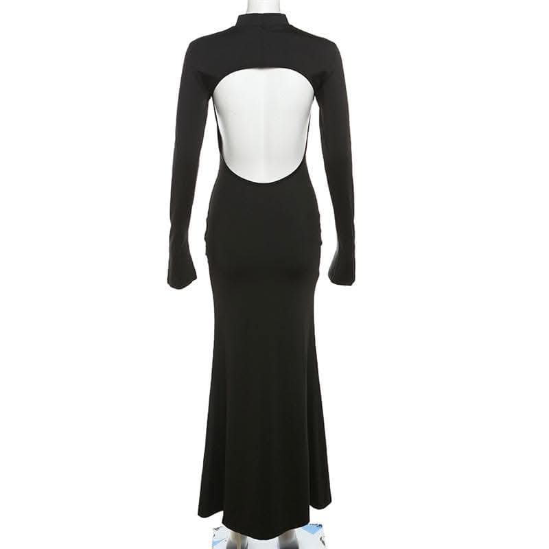 Backless high neck long sleeve solid maxi dress-final-sale