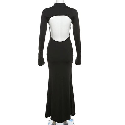 Backless high neck long sleeve solid maxi dress-final-sale