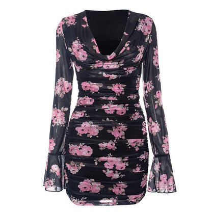 Long flared sleeve cowl neck ruffle flower print sheer mesh mini dress