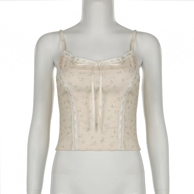 Lace hem bowknot ribbon print stitch cami top