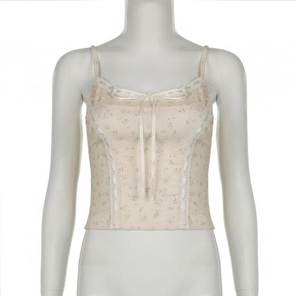 Lace hem bowknot ribbon print stitch cami top