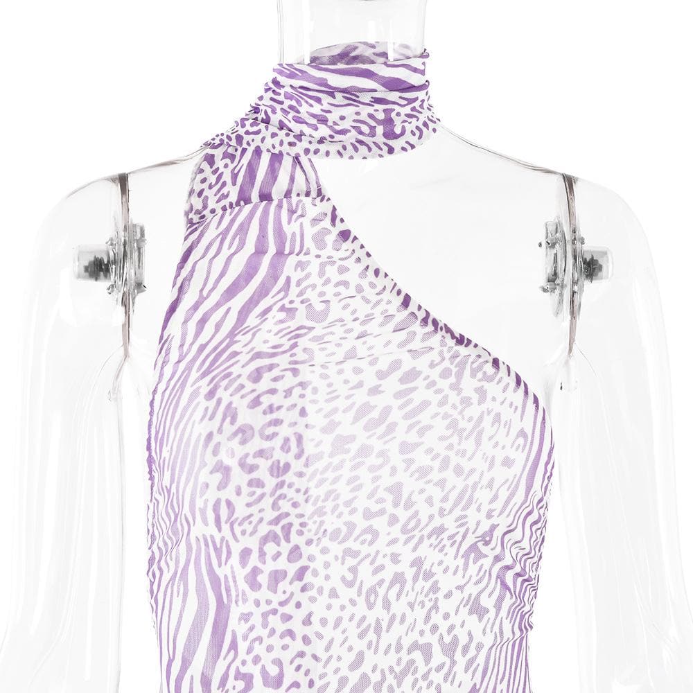 Halter one shoulder leopard print sheer mesh maxi dress