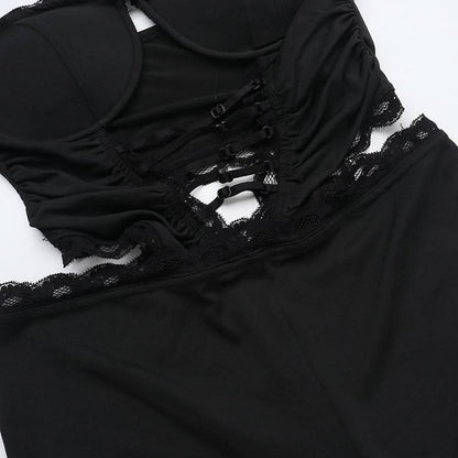 Hollow out lace hem v neck corset cami jumpsuit
