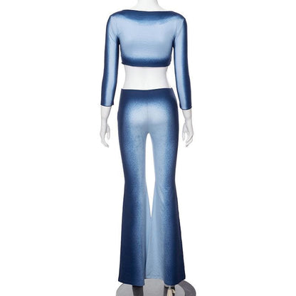 Long sleeve gradient crewneck ruffle pant set