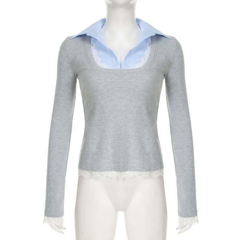 Turnover collar patchwork long sleeve lace hem knitted top