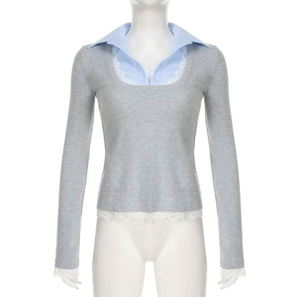 Turnover collar patchwork long sleeve lace hem knitted top
