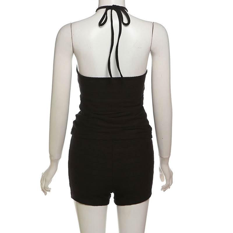 Halter backless textured solid short pant set