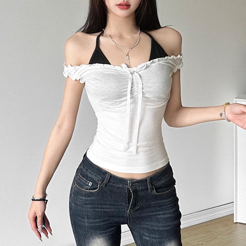 Off shoulder halter bowknot ruffle 2 piece top