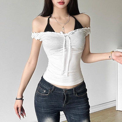 Off shoulder halter bowknot ruffle 2 piece top