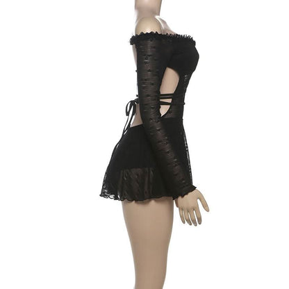 Off shoulder long sleeve hollow out self tie cut out mini dress
