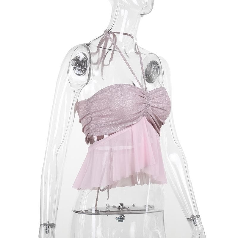 Halter drawstring ruched mesh glitter crop top