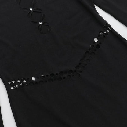 Off shoulder long sleeve hollow out beaded cut out mini dress