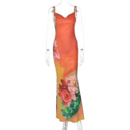 Cowl neck flower print backless cami maxi dress