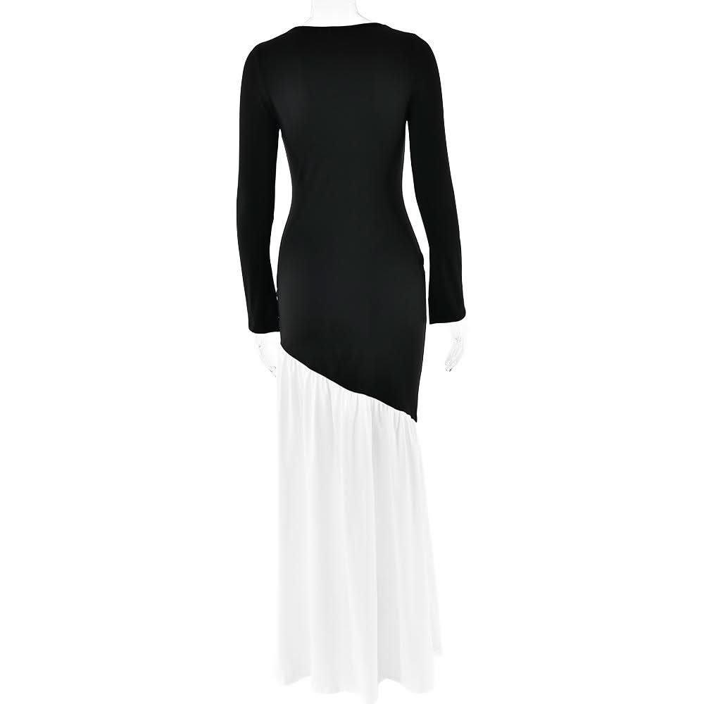 Long sleeve irregular crewneck ruched slit maxi dress