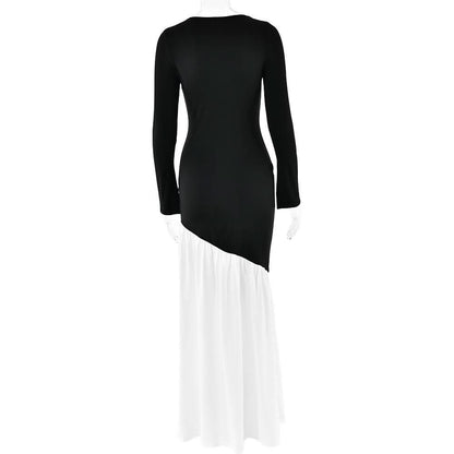 Long sleeve irregular crewneck ruched slit maxi dress