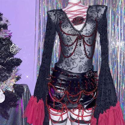 PU leather rivet metal chain buckle mini skirt