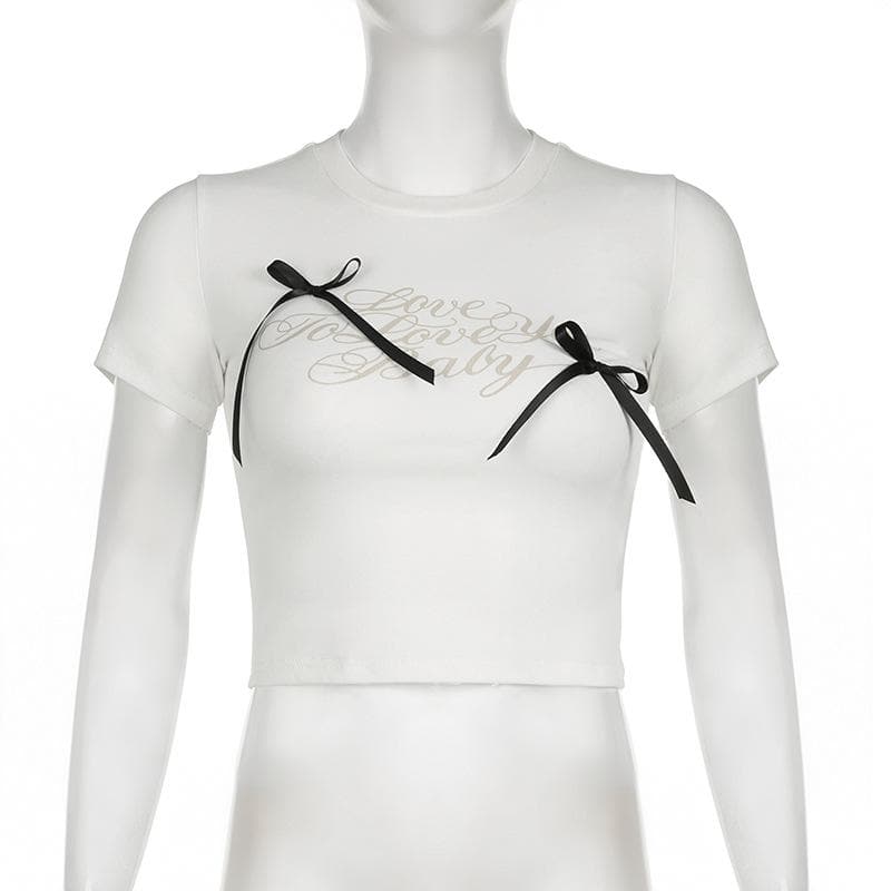 Short sleeve bowknot crewneck letter print top