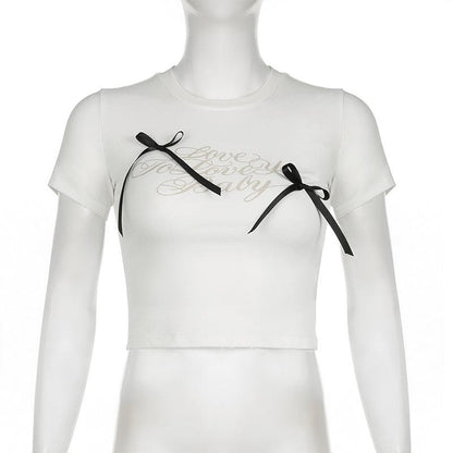 Short sleeve bowknot crewneck letter print top