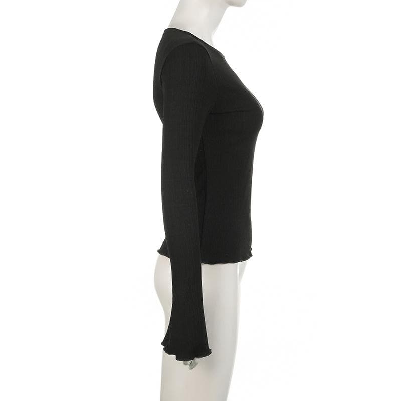 Long flared sleeve crewneck ribbed ruffle solid top