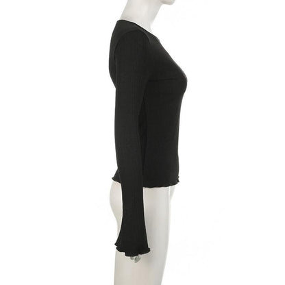 Long flared sleeve crewneck ribbed ruffle solid top
