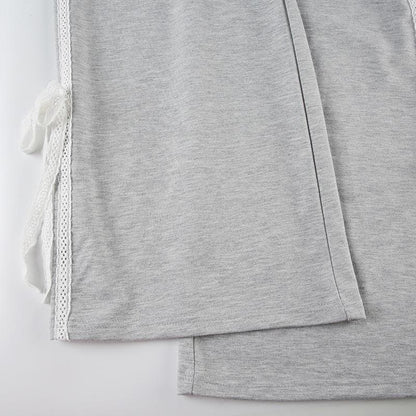 Lace hem bowknot medium rise pant