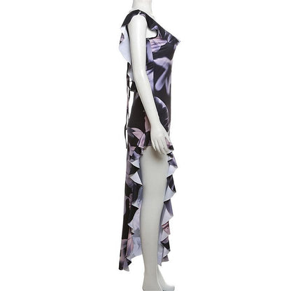 Floral Print Cap Sleeve Ruffle Keyhole Asymmetric Slit Maxi Dress