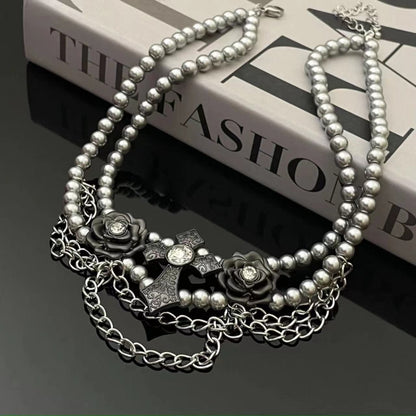 Rose cross beaded choker necklace