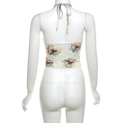 Halter ruffle u neck flower applique print top