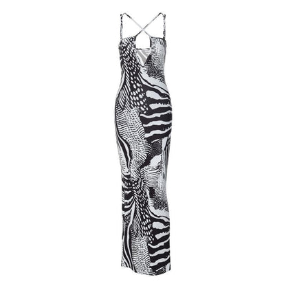 Contrast print cross front backless low cut maxi dress