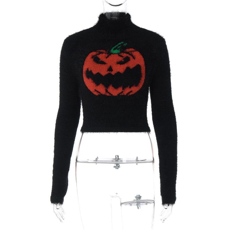 Long sleeve high neck fluffy pumpkin pattern contrast top