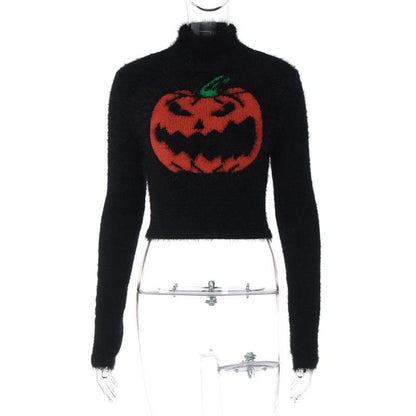Long sleeve high neck fluffy pumpkin pattern contrast top