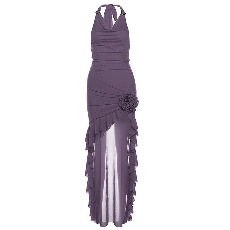 Halter cowl neck flower applique ruffle maxi dress