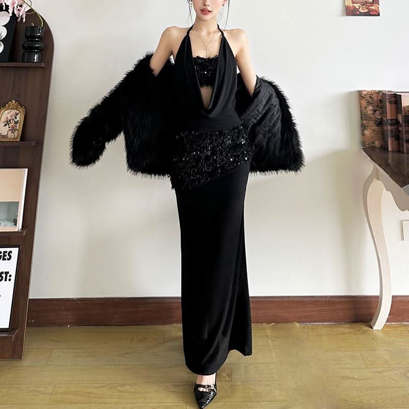 Glitter mesh patchwork fluffy maxi skirt