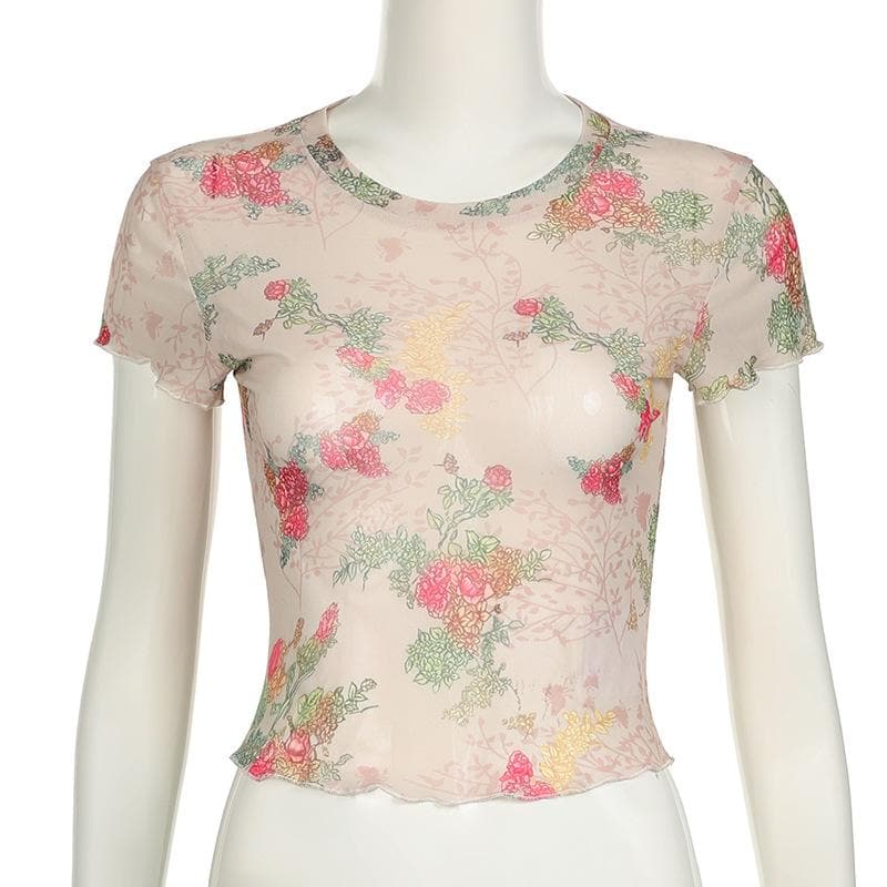 Short sleeve flower print ruffle sheer mesh top