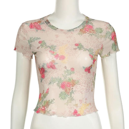 Short sleeve flower print ruffle sheer mesh top